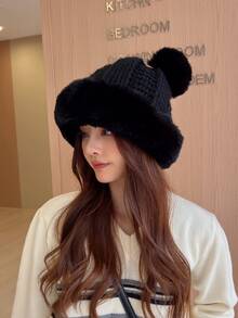 冬天2023可愛雙毛球長毛絨帽帶耳朵,黑色 - 黑色 - 查看 3