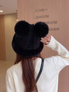 冬天2023可愛雙毛球長毛絨帽帶耳朵,黑色 - 黑色 - 查看 4