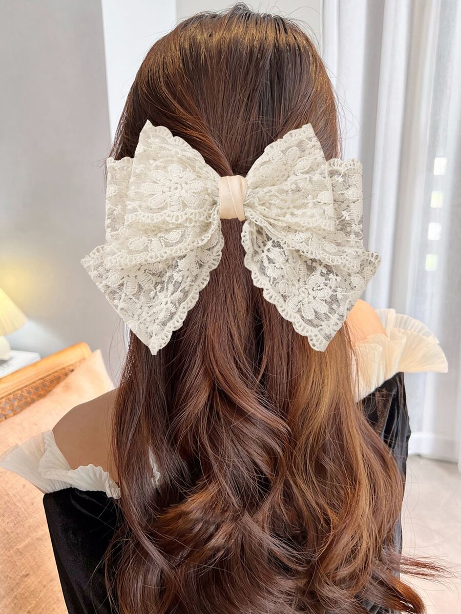1 chiếc kẹp tóc hình cá sấu trang trí nơ, phong cách Boho, thích hợp cho ngày Valentine, kẹp tóc càng cua, phụ kiện học đường, thanh lịch, sinh viên, trang phục mùa đông cho nữ, nơ, dễ thương, phụ kiện tóc, phụ kiện đội đầu, ghim cài tóc - Màu be - Xem 1