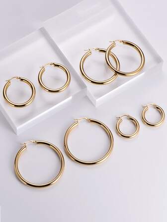 4 对 18K 镀金抛光不锈钢环状耳环，时尚、百搭、现代风格，8 件派对耳环