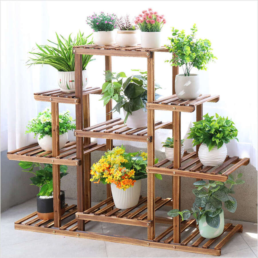 Flower Rack Wood Plant Shelf Stand 13 Pots Bonsai Dissplay Shelf Holder ...