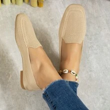 2023 New Spring And Summer Collection Women's Flat Knitted Hollow Out Breathable Square Toe Slip-on Mom Shoes - Apricot - View 6