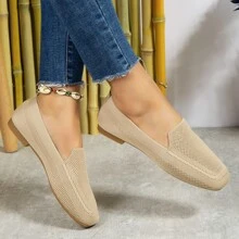 2023 New Spring And Summer Collection Women's Flat Knitted Hollow Out Breathable Square Toe Slip-on Mom Shoes - Apricot - View 5