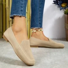 2023 New Spring And Summer Collection Women's Flat Knitted Hollow Out Breathable Square Toe Slip-on Mom Shoes - Apricot - View 3