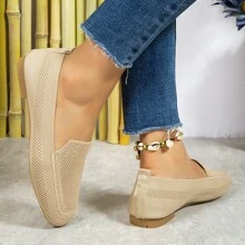2023 New Spring And Summer Collection Women's Flat Knitted Hollow Out Breathable Square Toe Slip-on Mom Shoes - Apricot - View 4