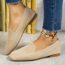 2023 New Spring And Summer Collection Women's Flat Knitted Hollow Out Breathable Square Toe Slip-on Mom Shoes - Apricot - View 2