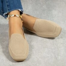 2023 New Spring And Summer Collection Women's Flat Knitted Hollow Out Breathable Square Toe Slip-on Mom Shoes - Apricot - View 1