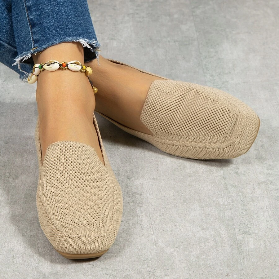 2023 New Spring And Summer Collection Women's Flat Knitted Hollow Out Breathable Square Toe Slip-on Mom Shoes - Apricot - View 1