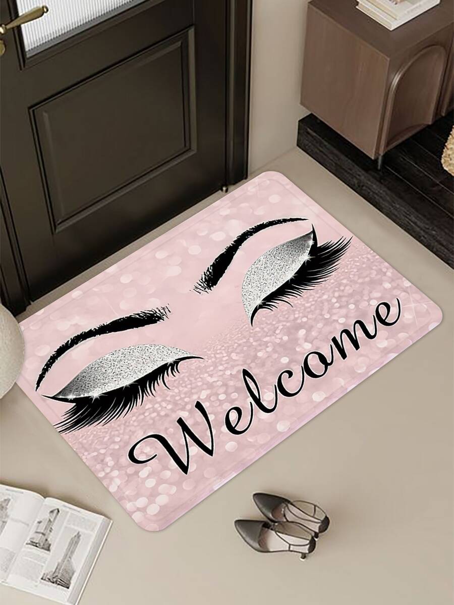 1入組粉紅色睫毛和字母圖案防滑門墊廚房地毯浴室地墊，房間裝飾 - 彩色 - 查看 1