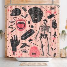 1pc Gothic Style Waterproof Mildew Resistant Shower Curtain Set, Polyester Fabric Creepy Skull Bat Interesting Cute Curtain, Scary Horror Bathroom Decor, 72"X72" With 12 Hooks - Multicolor - View 6