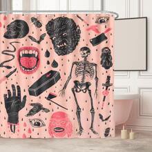 1pc Gothic Style Waterproof Mildew Resistant Shower Curtain Set, Polyester Fabric Creepy Skull Bat Interesting Cute Curtain, Scary Horror Bathroom Decor, 72"X72" With 12 Hooks - Multicolor - View 1