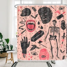 1pc Gothic Style Waterproof Mildew Resistant Shower Curtain Set, Polyester Fabric Creepy Skull Bat Interesting Cute Curtain, Scary Horror Bathroom Decor, 72"X72" With 12 Hooks - Multicolor - View 5