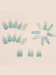 24入組長款綠色漸層曲綫金色蝴蝶鑽石芭蕾指甲片和1入組果凍凝膠和1入組竿 - 彩色 - 查看 6