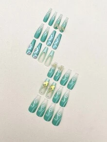 24入組長款綠色漸層曲綫金色蝴蝶鑽石芭蕾指甲片和1入組果凍凝膠和1入組竿 - 彩色 - 查看 3