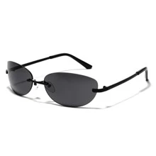 Gafas decorativas ovaladas sin marco, gafas de estilo punk chic Y2K, gafas minimalistas básicas con estuche, accesorio de moda retro ligero adecuado para atuendos casuales y formales - Negro - Ver 8