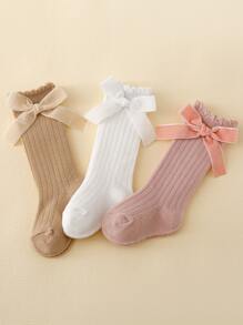 3pairs Baby Girls' Cute Spring/Autumn Bowknot High Knee Socks - Multicolor - View 4