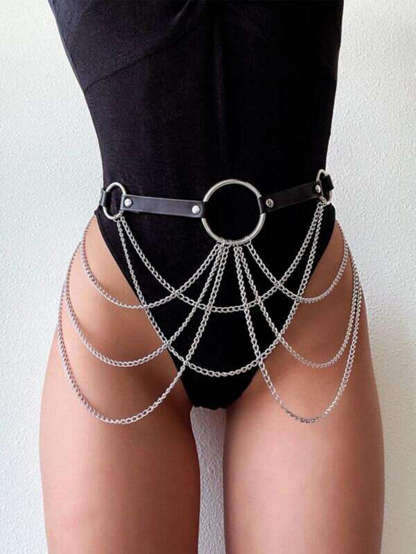 1pc Women's Fashionable Chain & Leather Waist Belt For Clothing Accessory Sexy Harness Halloween Summer, School Fall, Autumn, Halloween