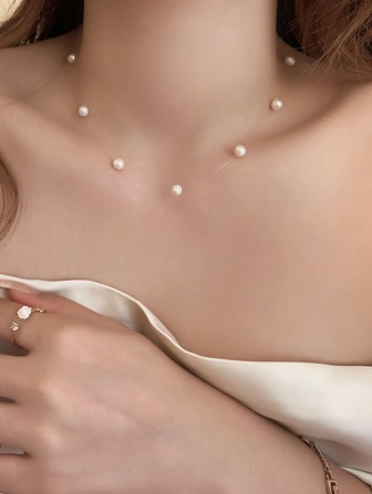 1 件米色仿珍珠项链，法式优雅女士通勤和约会颈链，休闲度假颈链配饰