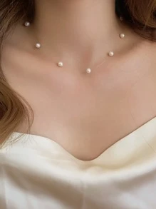 1 件米色仿珍珠项链，法式优雅女士通勤和约会颈链，休闲度假颈链配饰