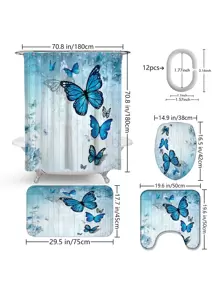 1 件蓝色涤纶防水隔热浴帘，带蝴蝶印花或 1.3 厘米厚防滑浴室垫，家居浴室装饰浴室地毯地毯户外地毯门垫秋季装饰浴室配件返校入口装饰 - 藍色 - 查看 3