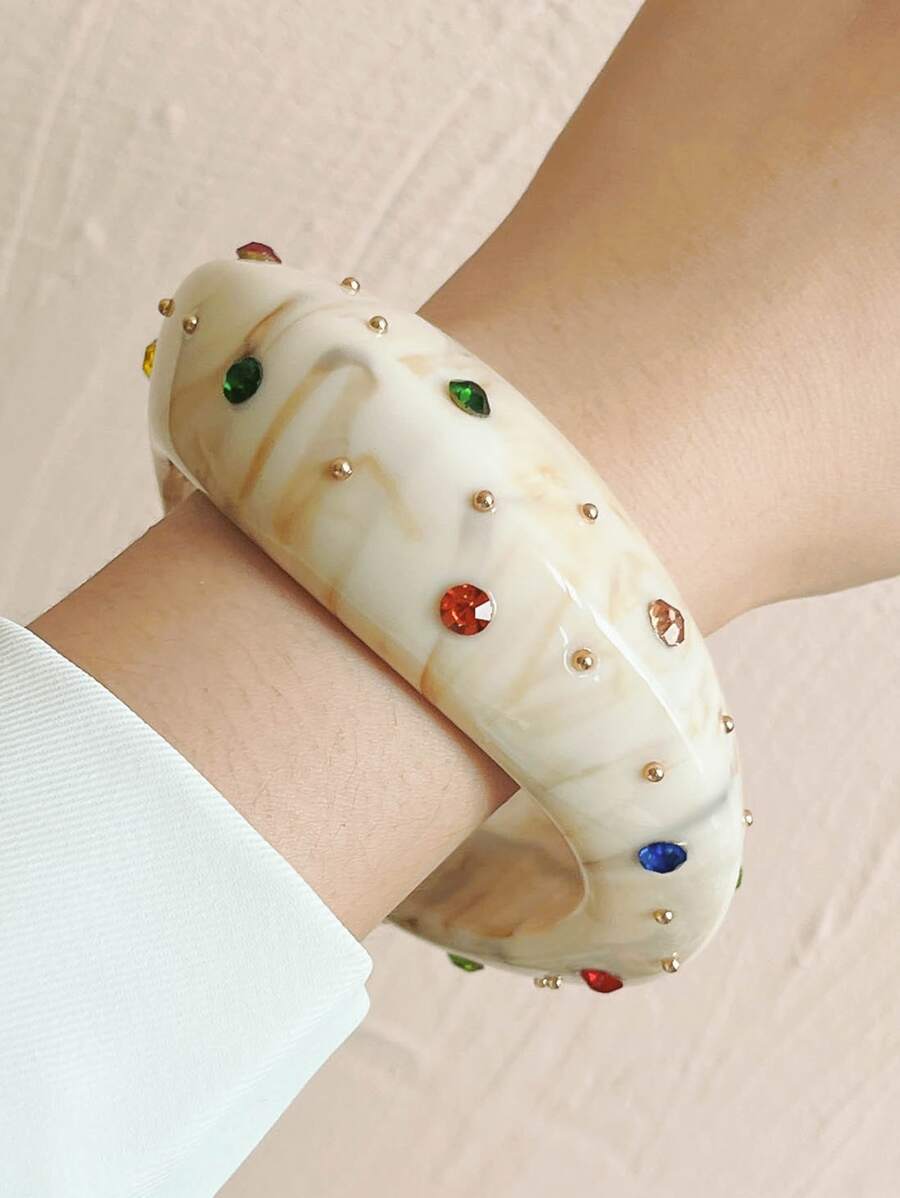 1入組時尚樹脂手環帶水鑽裝飾適合女士 - 白色 - 查看 1