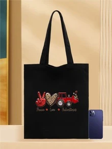 señoras Bolso tote con con estampado de letra plegable de lona Bolsa de compra - Negro - Ver 5