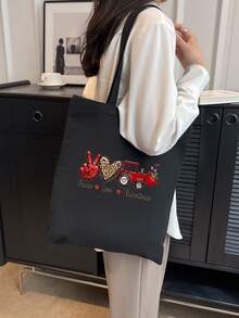 señoras Bolso tote con con estampado de letra plegable de lona Bolsa de compra - Negro - Ver 7