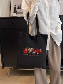 señoras Bolso tote con con estampado de letra plegable de lona Bolsa de compra - Negro - Ver 6