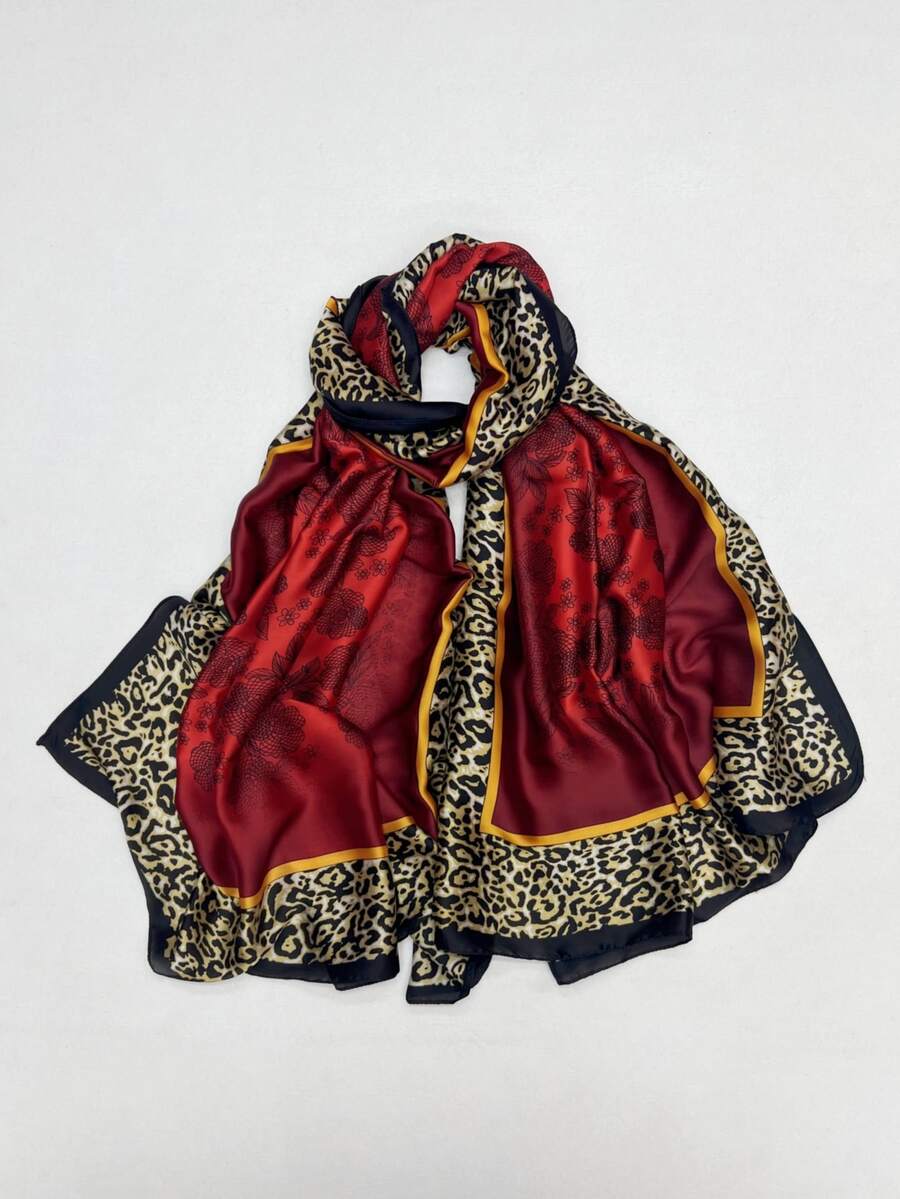豹紋印花時尚圍巾合適的適用於戶外 - 酒紅色 - 查看 1