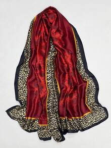 豹紋印花時尚圍巾合適的適用於戶外 - 酒紅色 - 查看 4
