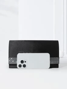 Rhinestone Decor Hard Shell Black Clutch Bag With Chain Strap For Evening Party - Black - View 4