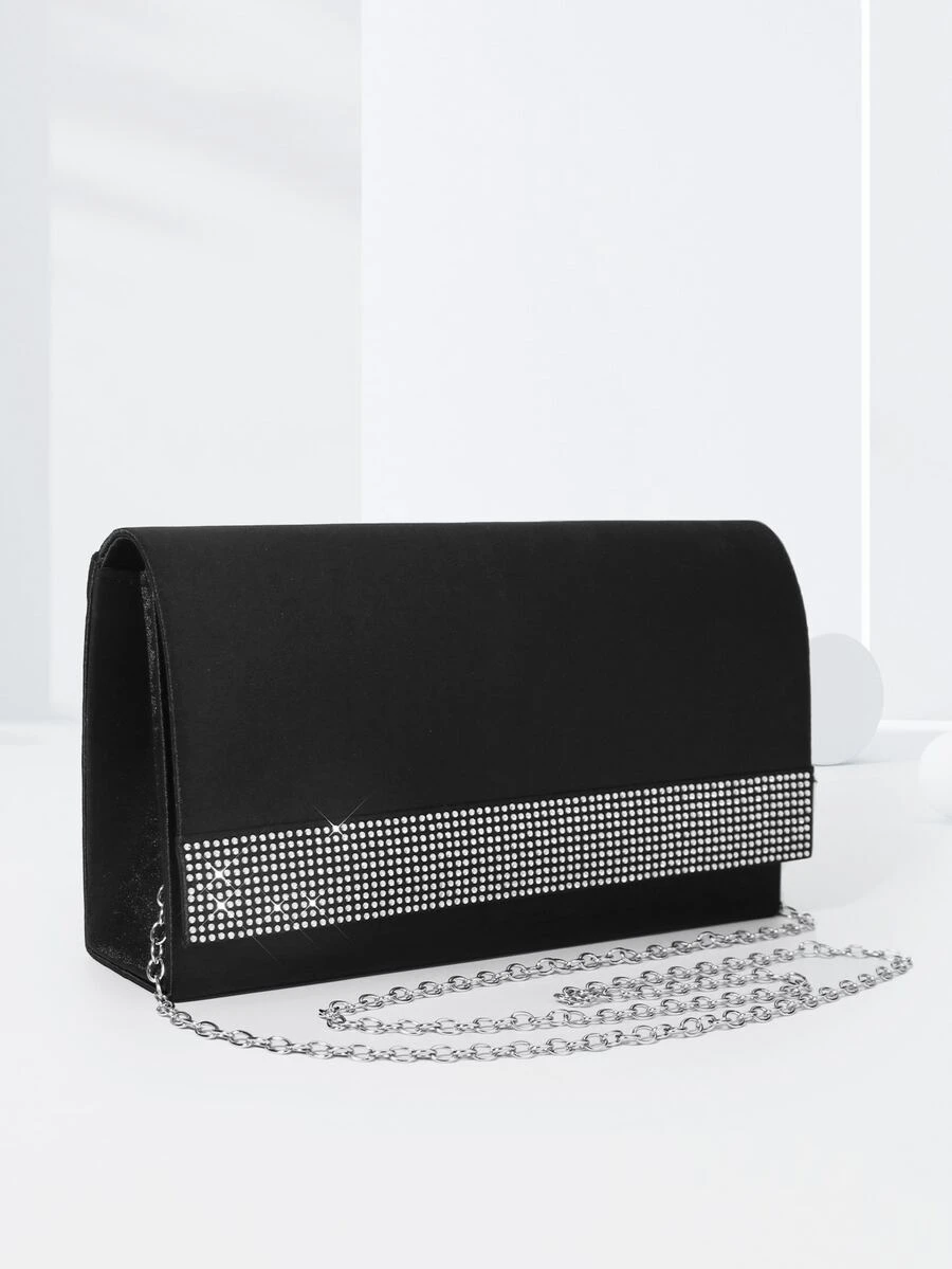 Rhinestone Decor Hard Shell Black Clutch Bag With Chain Strap For Evening Party - Black - View 1