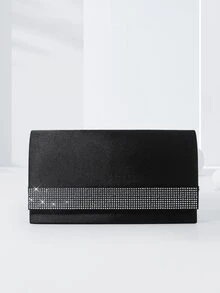 Rhinestone Decor Hard Shell Black Clutch Bag With Chain Strap For Evening Party - Black - View 2