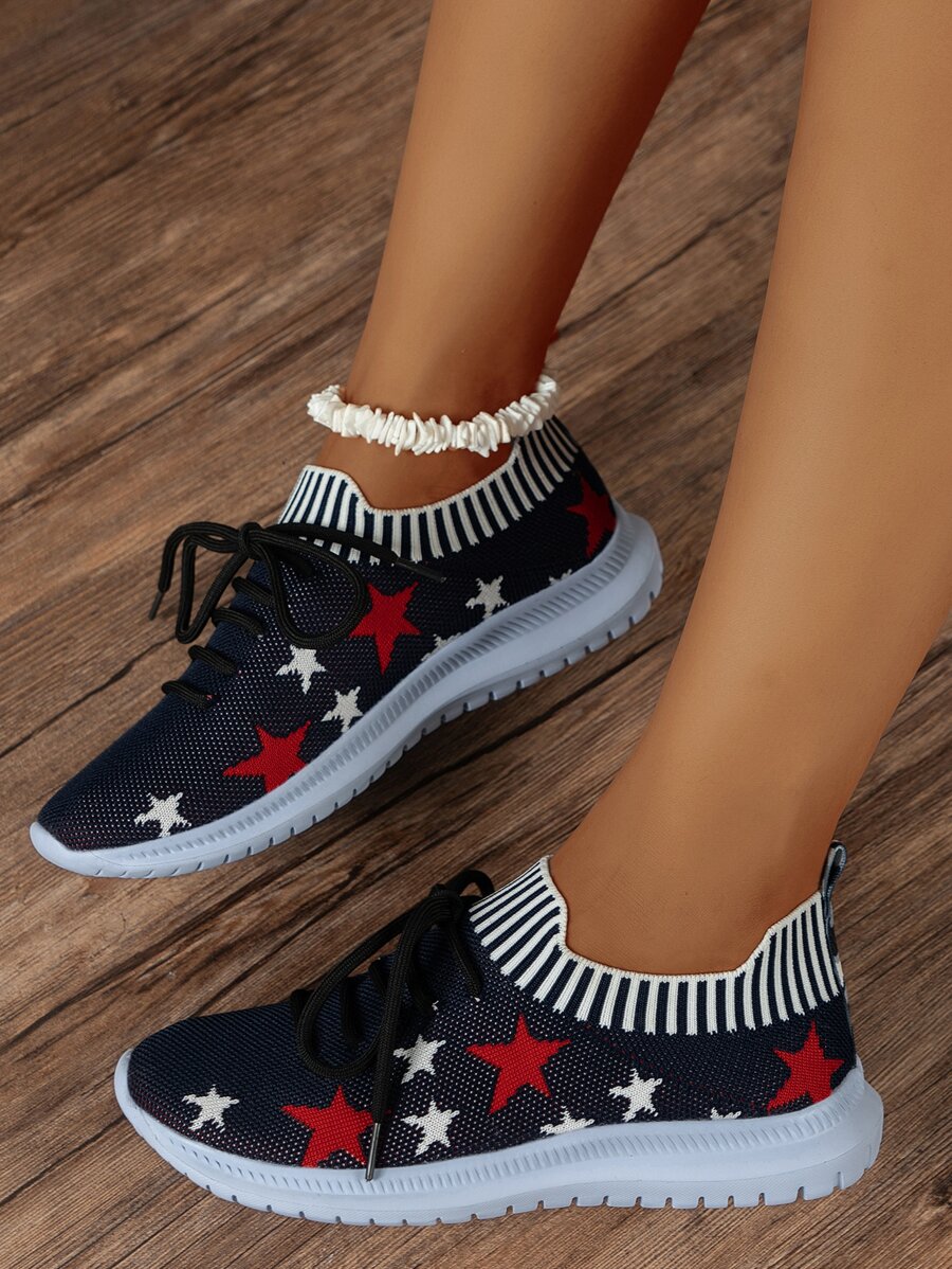 Summer New Style Elastic Sock Shoes, High Tops, Flat, Mesh, Sports & Leisure Women's Shoes, Knitting, All-match, Fashionable Embroidery, Breathable, Travel, Lightweight, Running, Students Shoes, Outdoor, Variety Of Styles - Blue - View 1