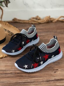 Summer New Style Elastic Sock Shoes, High Tops, Flat, Mesh, Sports & Leisure Women's Shoes, Knitting, All-match, Fashionable Embroidery, Breathable, Travel, Lightweight, Running, Students Shoes, Outdoor, Variety Of Styles - Blue - View 6