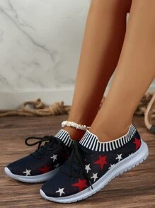 Summer New Style Elastic Sock Shoes, High Tops, Flat, Mesh, Sports & Leisure Women's Shoes, Knitting, All-match, Fashionable Embroidery, Breathable, Travel, Lightweight, Running, Students Shoes, Outdoor, Variety Of Styles - Blue - View 3