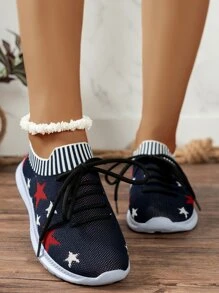 Summer New Style Elastic Sock Shoes, High Tops, Flat, Mesh, Sports & Leisure Women's Shoes, Knitting, All-match, Fashionable Embroidery, Breathable, Travel, Lightweight, Running, Students Shoes, Outdoor, Variety Of Styles - Blue - View 2