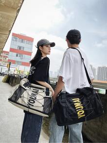 尼龍休閒大容量多功能網袋字母印花情侶旅行包,完美度假 - 黑色 - 查看 2