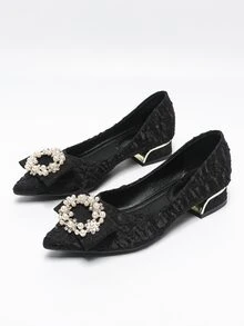 尖頭嘴唇單鞋帶高和厚高跟鞋適合女士,柔軟的&舒服的帶A新款時尚氣質,珍珠&水鑽扣飾,簡單的至穿戴和 - 黑色 - 查看 6