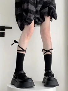 1 Pair Women's Black Criss-Cross Tie-Up Mid-Calf Socks, JK Series, Fall