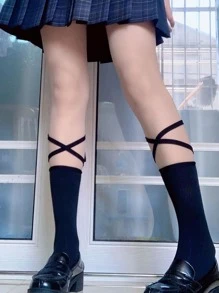 1 Pair Women's Black Criss-Cross Tie-Up Mid-Calf Socks, JK Series, Fall