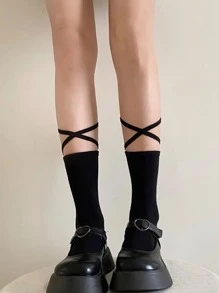 1 Pair Women's Black Criss-Cross Tie-Up Mid-Calf Socks, JK Series, Fall