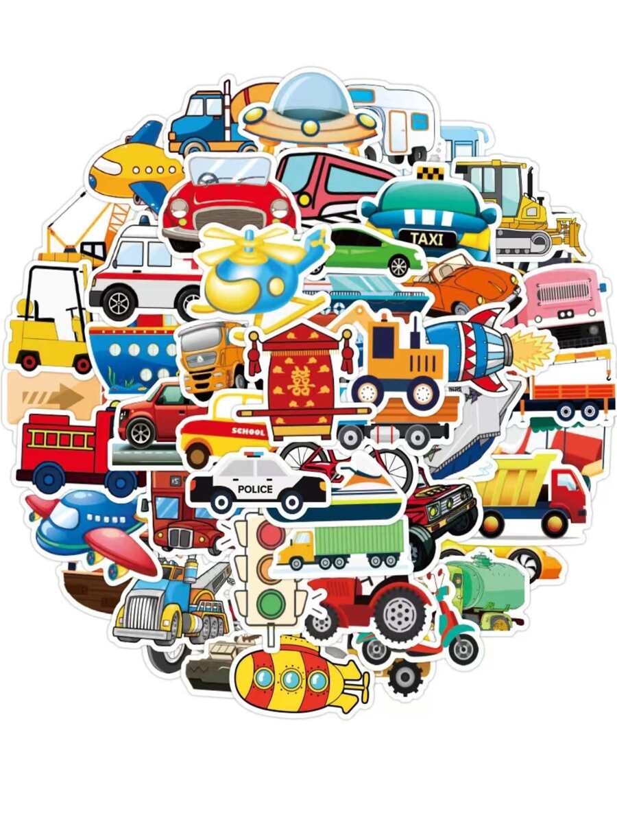 50入組交通工具主題兒童車教育性貼紙 - 杏色 - 查看 1