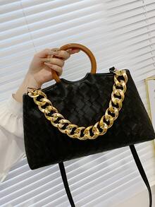 Noir Géométrique Motifs en PU Sac À Main Avec Chaîne Décoration - Noir - Voir 5