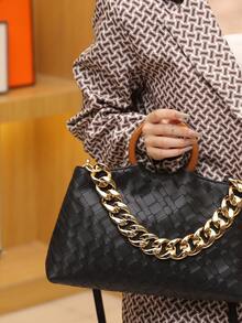 Noir Géométrique Motifs en PU Sac À Main Avec Chaîne Décoration - Noir - Voir 3