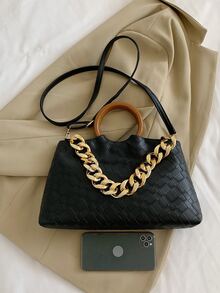 Noir Géométrique Motifs en PU Sac À Main Avec Chaîne Décoration - Noir - Voir 4
