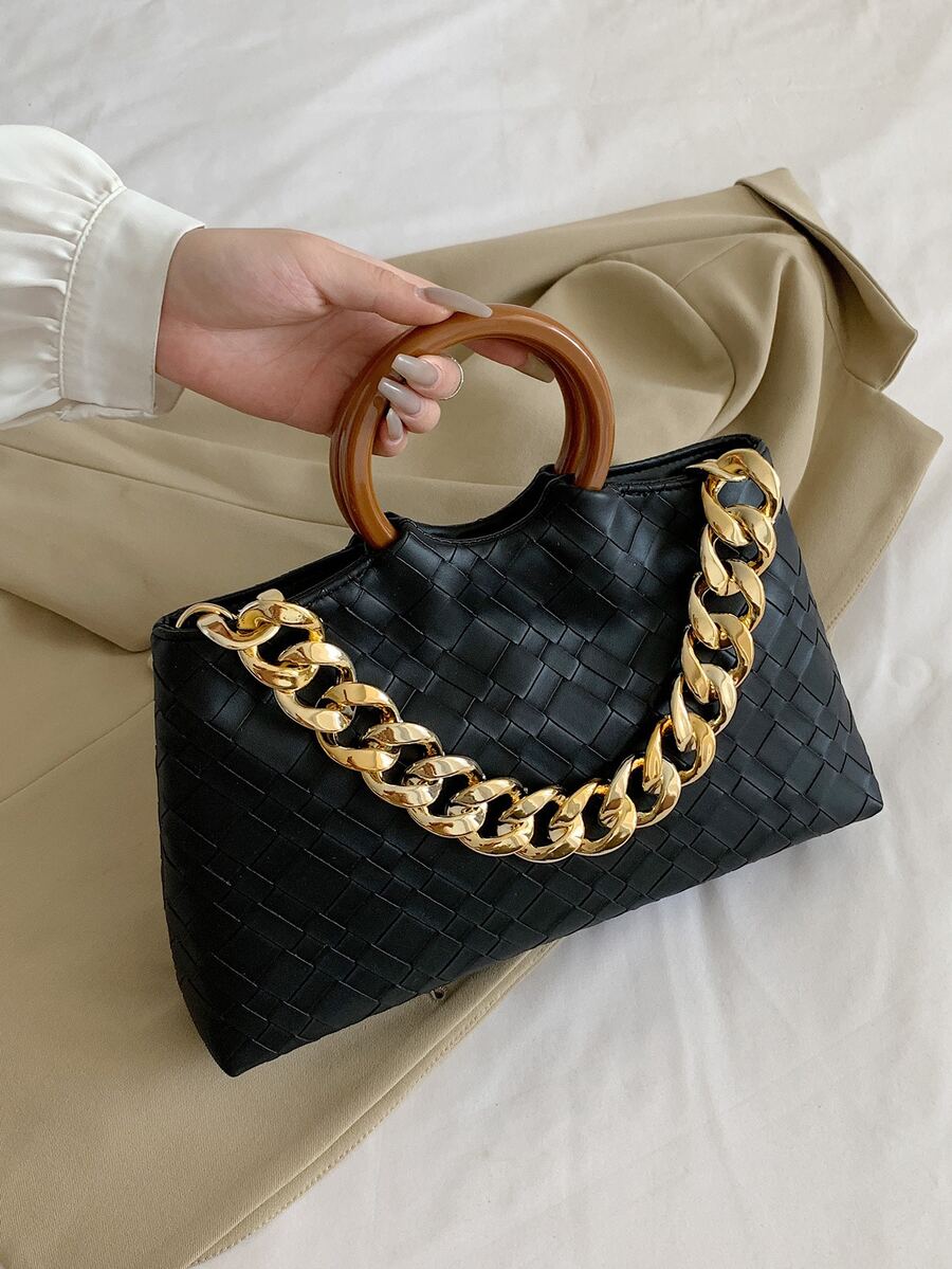 Noir Géométrique Motifs en PU Sac À Main Avec Chaîne Décoration - Noir - Voir 1