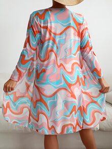 女式運動三件式比基尼套裝，高腰長腿比基尼套裝帶網紗長袖罩衣 - 橘色 - 查看 2