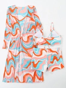 女式運動三件式比基尼套裝，高腰長腿比基尼套裝帶網紗長袖罩衣 - 橘色 - 查看 4