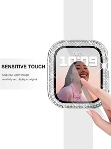 1pc Fashionable Gorgeous Double Rhinestone Pc Protection Case, Compatible With Apple Watch 38mm 40mm 41mm 42mm 44mm 45mm 49mm,Compatible With Apple Watch Series 1-9 & Se, With Tempered Glass Screen Protector, Full Coverage Ultra-thin Hard Shell Anti-collision Cover,For Women & Men
